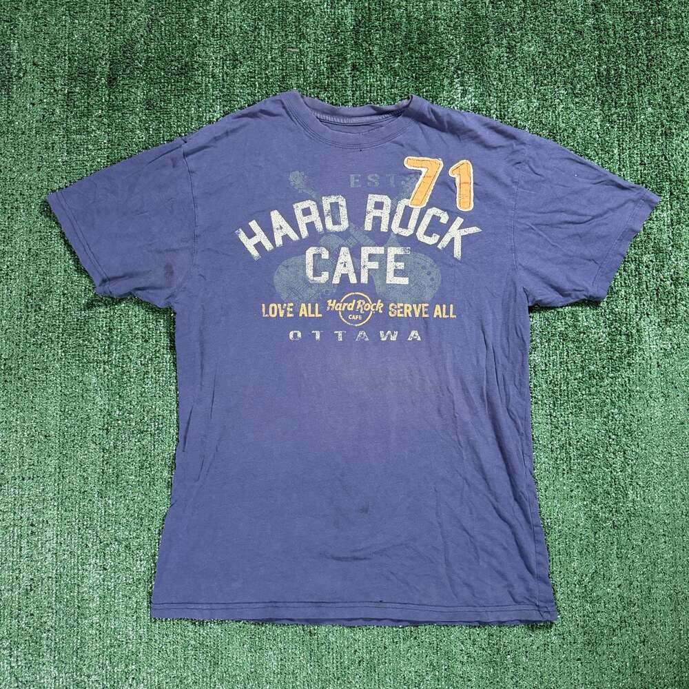 Y2K Style Hard Rock Cafe Ottawa Graphic T-Shirt Blue Medium Distressed Faded